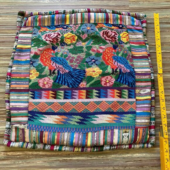 Guatemalan Colorful Bird Woven Tapestry Square Pillow Cushion Cover 18" - Picture 2 of 6